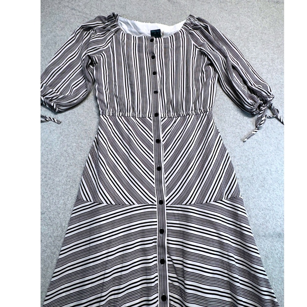 Gabby Skye Dress Womens 4 Black White Striped Button Front Midi High Low Classic